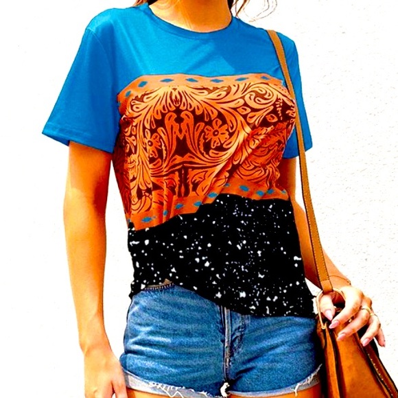 Electric Blue & Tooled Leather Print Splatter Paint Tee - Picture 4 of 13
